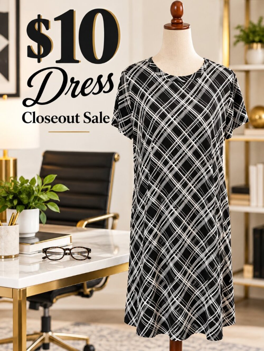 APT. 9 Woman's Navy & Cream Plaid Shift Dress